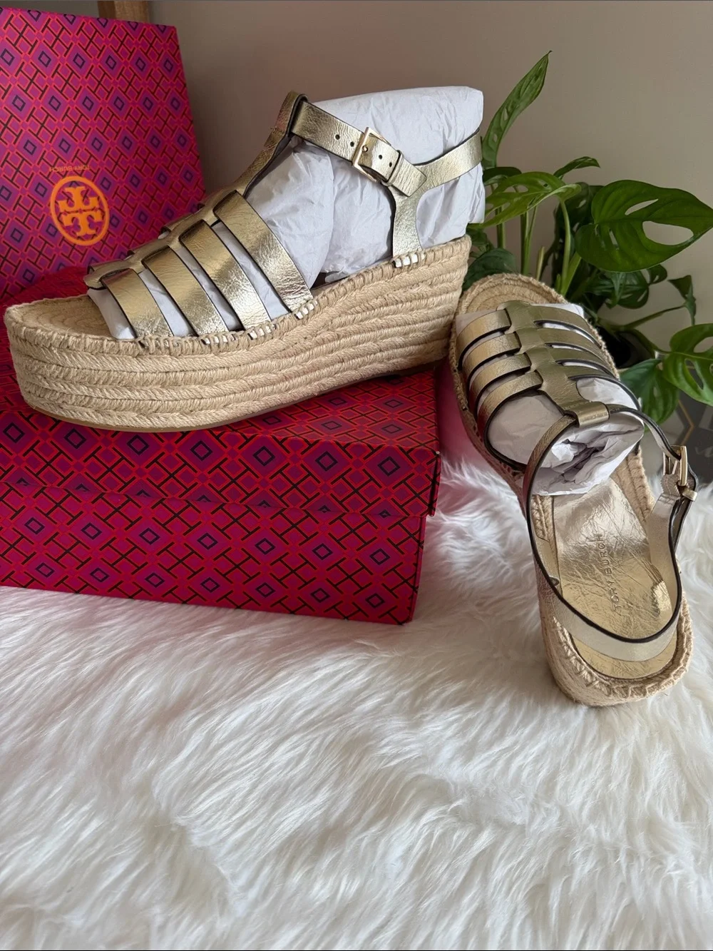 Tory Burch Metallic Gold Leather Espadrille Wedge Sandals